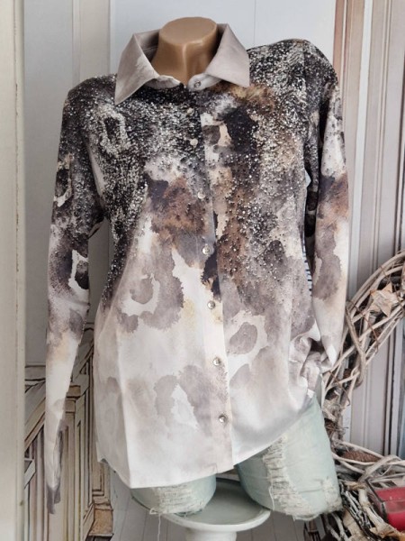 XL 42 MISSY Bluse Hemdbluse grau weiss schwarz gemustert Neue Kollektion Glitzernieten