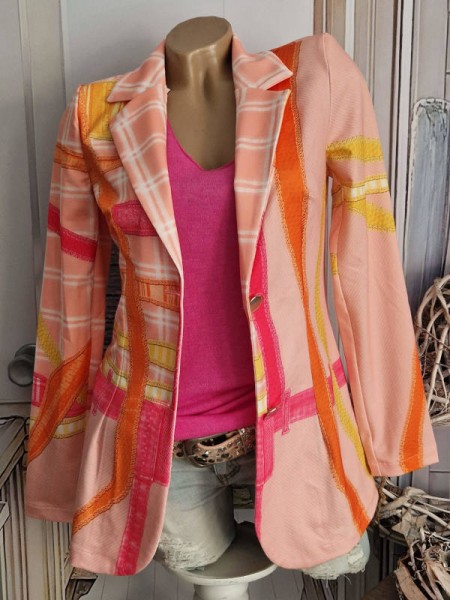 Blazer Longblazer MISSY L 40 2 Knopf Jackett ausgefallener Print Glitzer Nieten rosa pink orange Neu