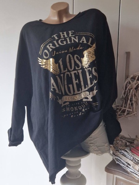 Vokuhila Sweatshirt schwarz Longsleeve vorne Metallic Print NEU Made in Italy 40-46