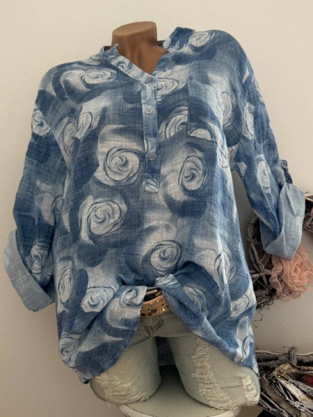 Musselin Tunika Bluse gemustert 40-44 blau Floral Made in Italy Fischerhemd Baumwolle