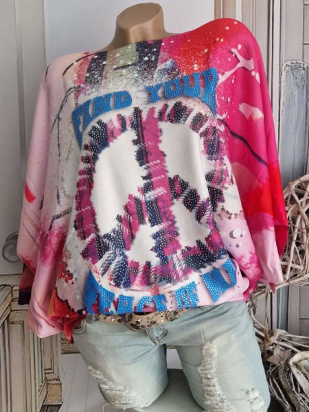 Feinstrick Pullover pink Peace bunt Pulli Onesize 38-44 MISSY Tunika Fledermausärmel Glitzer