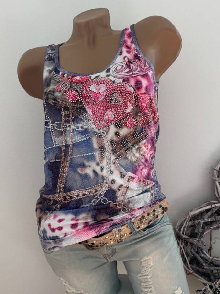 Top L 40 Longtop MISSY Trägertop Jeans pink Leo Kettchen Print Glitzer Nieten Neu