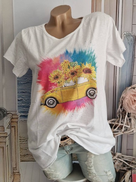 T-Shirt Shirt 36-42 weiss Käferauto Sonnenblumen Italy Nieten NEU