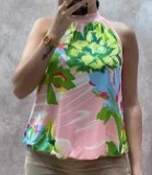 L 40 MISSY Top Tunika Ballonform Saumende Gummizug rosa grün blau floral Glitzer hinten zum binden