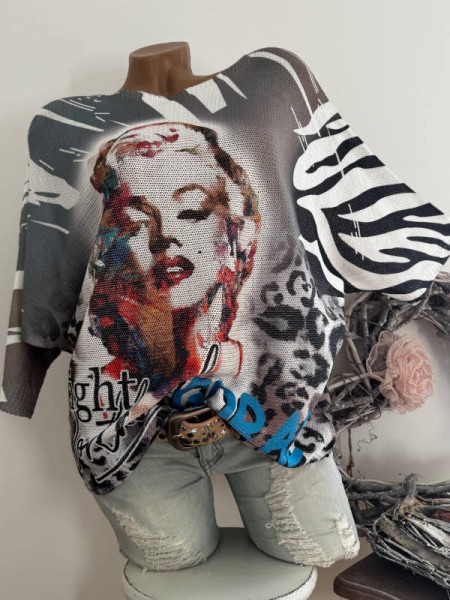 Tunika 36-42 Fledermausarm Filmstar Print Feinstrick Pulli NEU Made in Italy