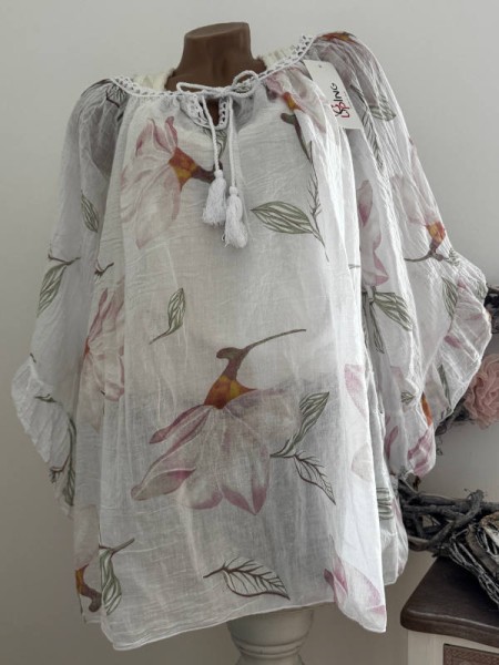 Tunika Bluse 38 40 42 44 46 48 weite Ärmel weiss floral Italy NEU