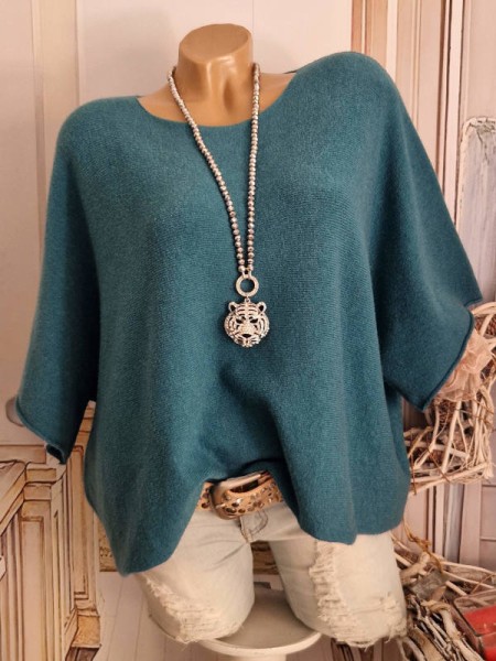 Kurzarm Oversized Pullover petrol Feinstrick Tunika 38-42 Pulli ダッジ チャレンジャー ボーラ タイコ