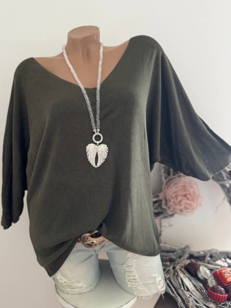 Tunika Glattstrick Pullover oliv Oversized Italy 38-42 Fledermausarm 1/2 Arm