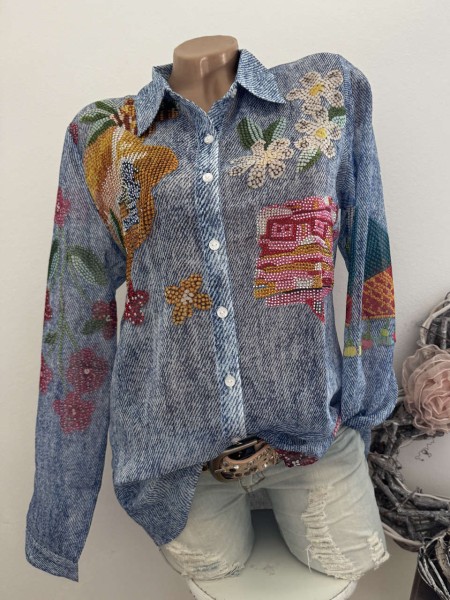 Tunika XL 42 Bluse MISSY Langarm Jeansoptik und Perlenstickereiprint gemustert Neue Kollektion Glitz