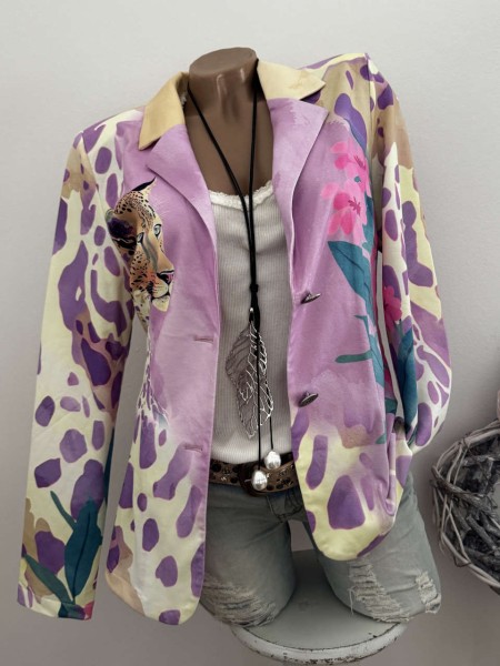 MISSY Blazer XL 42 Jackett Glitzer Steinchen lila Leopard Leo floral Neu Strass Nieten