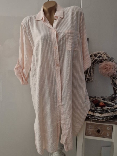 Long Hemdbluse Bluse Hemdblusenkleid Made in Italy weiss/rosa Leinenoptik 38-42