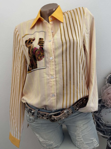 MISSY L 40 Bluse Hemdbluse gelb / stylischer Tiger Selbstporträt Neu Glitzer Steinchen