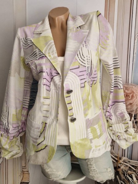 Blazer MISSY L 40 leicht Kurzblazer limone flieder lila weiss Raffärmel 2 Knopf Neu