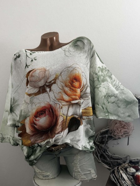Tunika 36-42 Fledermausarm Feinstrick Blumen gemustert Tunika Pulli bunt NEU Made in Italy 1/2 Arm