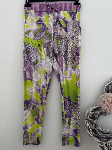 Hose MISSY M 38 Joggpants limette/flieder lila Glitzernieten Neu