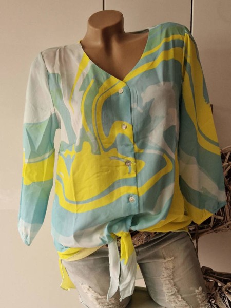 Tunika L 40 MISSY Bluse Hemdbluse vorne zum binden neon gelb türkis mint Faceprint Glitzer NEU