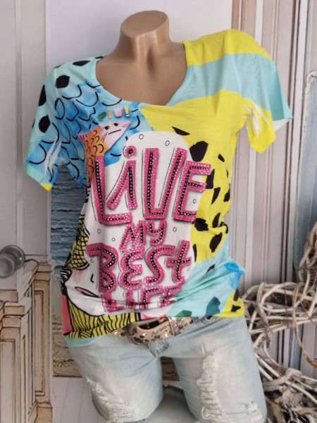 M 38 MISSY T-Shirt NEU Glitzernieten Shirt Tunika bunt "Live my best Life"