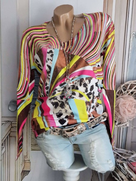 Leichter Pulli MISSY L/XL 40 42 Pullover bunt V-Ausschnitt Neu Glitzer Strass Nieten