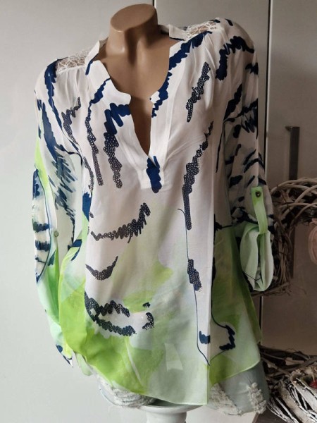 MISSY Tunika L 40 Bluse Turn up Ärmel weiss dunkelblau grün Chiffon hinten Spitze Glitzer