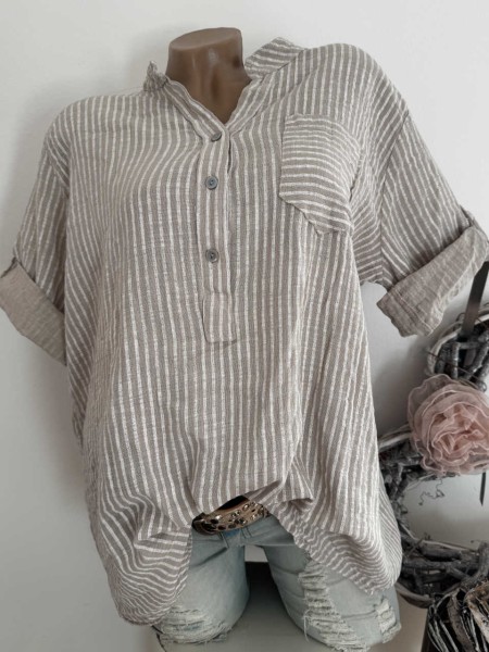 zart gestreifte Tunika Made in Italy sandbeige Bluse Brusttasche Musselin Baumwolle 38-44