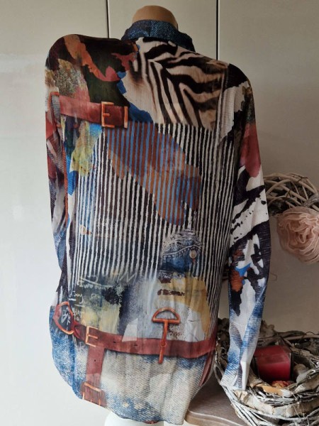 Hemdbluse M 38 MISSY Bluse Tunika bunt gemustert mit Jeans /Gürtel Print Glitzer Nieten NEU