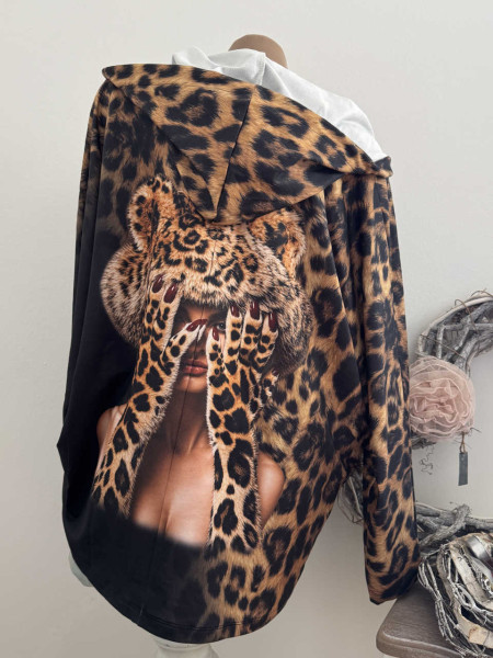 MISSY Tunika 38-46 Tunnelzug Kapuze Hoodie Tiger Animal Lady Handschuhe Print Neu Glitzernieten
