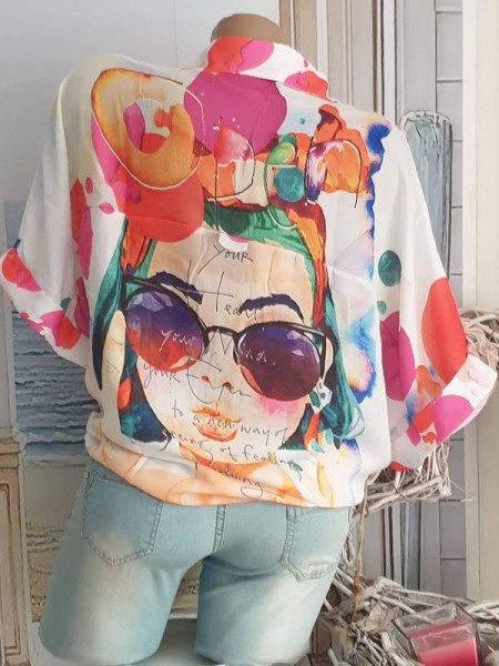 Coole MISSY S 36 Tunika vorne zum binden bunt oversized Print Bluse weite 1/2 Ärmel Steinchen NEU