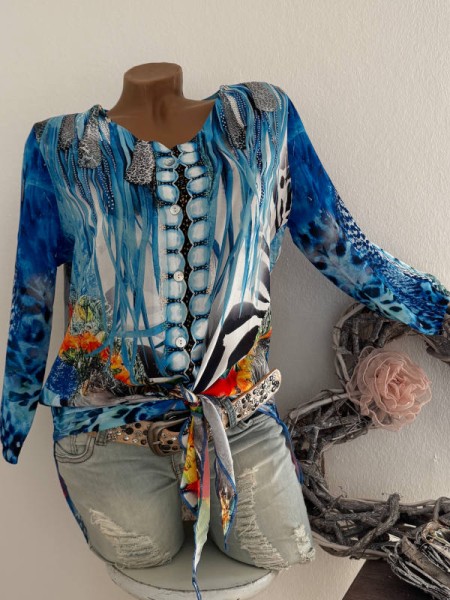 MISSY L 40 Bluse Hemdbluse Tunika blau/bunt vorne zum binden Nieten NEU