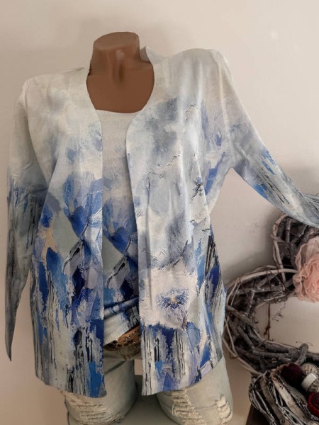 2tlg MISSY L/XL 40 42 Jacke Cardigan + Glattstrick Longtop Glitzer weiss blau
