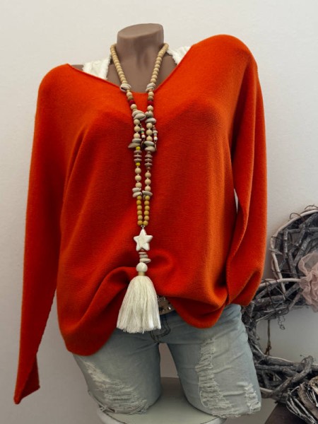 V-Neck Flausch Pullover Pulli kräftiges orange 38-42 Neu Tunika Made in Italy