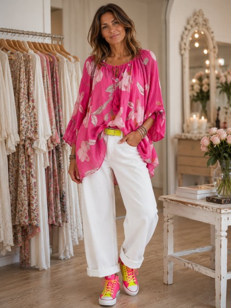 weite Ärmel pink floral Tunika Bluse 38-48 Baumwolle Made in Italy