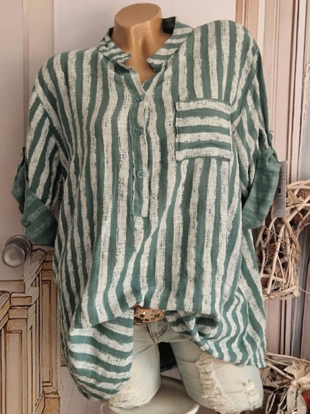 Tunika grün/weiss gestreifte Hemdbluse Bluse Fischerhemd Leinen Optik 38-42