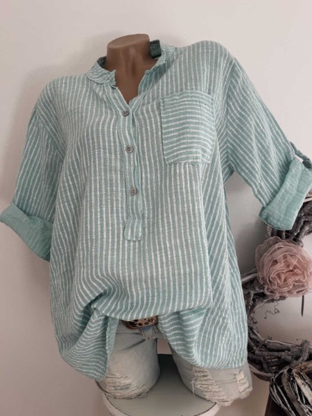 zart gestreifte Tunika Made in Italy mint Bluse Brusttasche Musselin Baumwolle 38-44