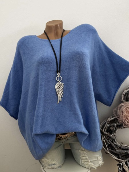 Kurzarm Oversized Pullover blau Feinstrick Tunika 38-42 Pulli Made in Italy NEU
