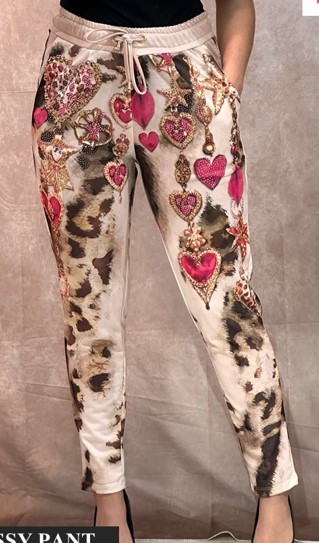 Hose M 38 Joggpants MISSY weiss Animal pinke Herzen Broschen Anhänger Glitzernieten Neu