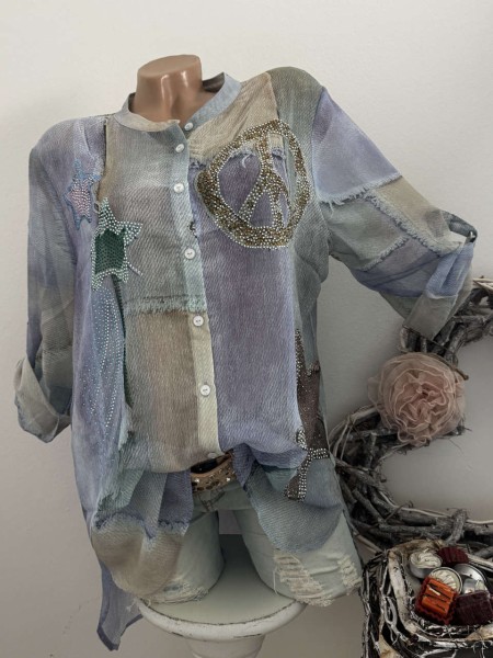 Bluse Missy M/L 38 40 Turn up Ärmel kragenlos Patchwork Destroyed Peace Print Glitzer Steinchen Neu