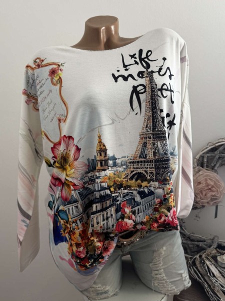 Longsleeve Tunika Glitzer Steinchen 40-44 romantisches Paris Blumen NEU Made in Italy