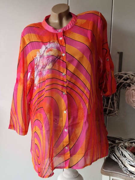 S/M 36 38 MISSY Bluse kragenlose Tunika Hemdbluse pink orange schwarz Schriftzug zum knöpfen NEU