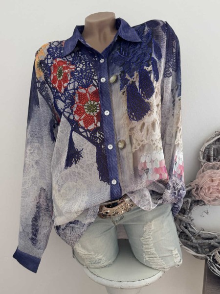 MISSY XL 42 Bluse Hemdbluse Crochet Spitze Destroyed Jeans Print Neu Glitzer Steinchen