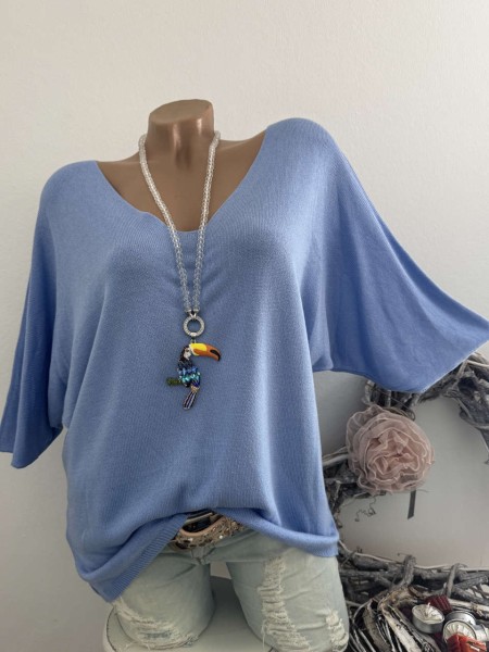Tunika Glattstrick Pullover blau Oversized Italy 38-42 Fledermausarm 1/2 Arm