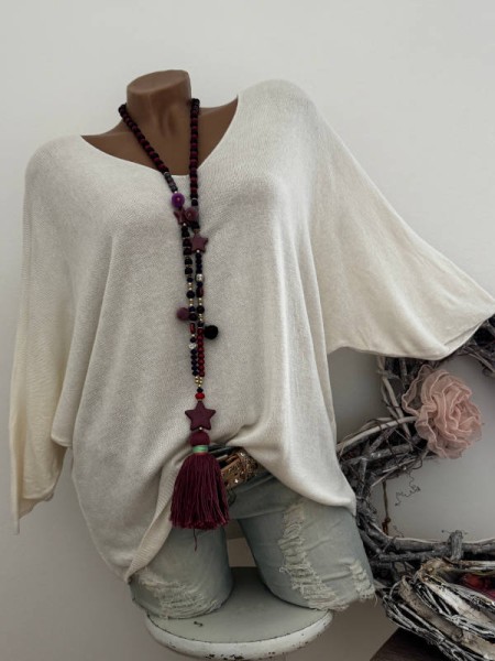 weiss Tunika Glattstrick Pullover Oversized Italy 38-42 Fledermausarm 1/2 Arm