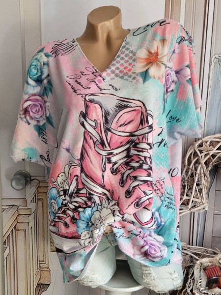 Kurzarm Tunika Shirt Lurexsaum weiss rosa mint Sneakers Print 40-44 Made in Italy