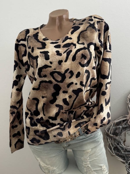 MISSY Pulli M/L 38 40 Pullover Neu Glitzer Nieten Leomuster beige schlamm schwarz gemustert