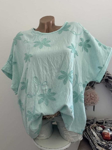 Kurzarm Tunika Shirt Stickerei mint NEU Made in Italy 38-44