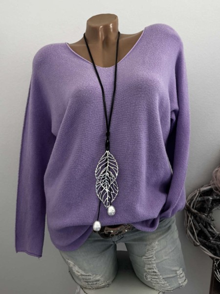 V-Neck Flausch Pullover Pulli Flieder 38-42 Neu Tunika Made in Italy