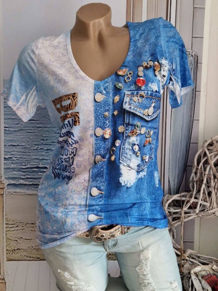 MISSY L 40 T-Shirt Tunika Shirt V-Neck Jeansblau Destroyed kleine Anhänger Print Glitzer Nieten NEU