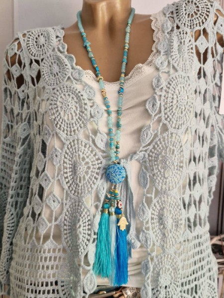 Kette Halskette Boho Kette Charms NEU türkis knallig Kugel Quaste Bommel