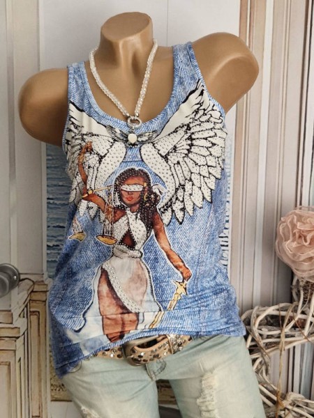 Top Longtop MISSY S 36 Trägertop Göttin der Gerechtigkeit Flügel jeansblau gemustert Glitzer Nieten