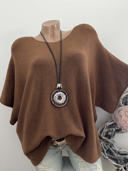 Kurzarm Oversized Pullover braun Feinstrick Tunika 38-42 Pulli Made in Italy NEU