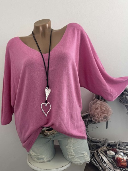 Tunika Glattstrick candy rosa Pullover Oversized Italy 38-42 Fledermausarm 1/2 Arm